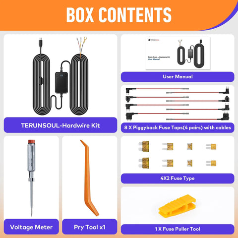 Box contents of Dash Cam Hardwire Kit With Voltage Indicator 9.8 Ft Power Harness Red ACC Power Yellow Constant Power Black Ground