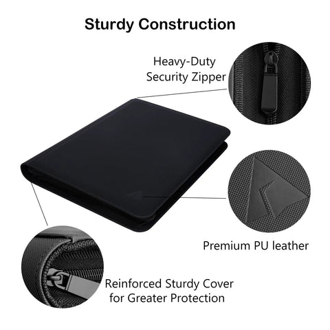 Top Loader Card Binder For 3x4 Inch Cards Holds Over 320 Top Loaders With 18 Double-Sided 9-Pocket Pages showing zipper and PU leather