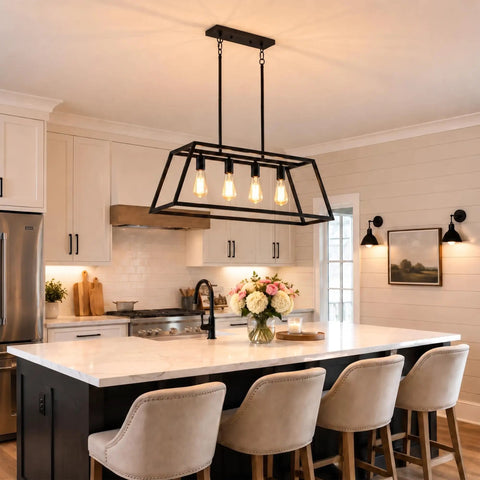 Black Kitchen Island Lighting Fixture, 4-Light Farmhouse Pendant with metal frame above kitchen island