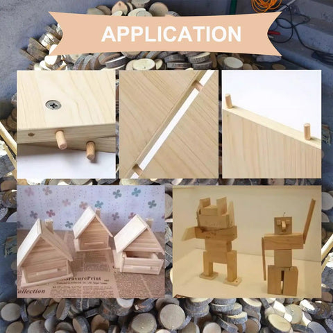 230 Piece Grooved Wooden Dowel Pins Set In One Quarter Five Sixteenth And Three Eighth Inch For Crafts Furniture And Handy DIY Projects With Fluted Bevel Edges For Easy Insertion And Strong Tight Fastening shown in various DIY applications.