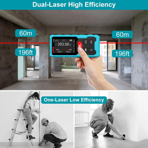 Dual Laser Distance Measuring Tool With Electronic Level And Pythagorean Function 393 Feet Total Range Dual Heads shown in use