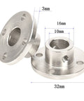 Side view of five silver metal flange shaft couplers with 10 mm bore for RC model motors