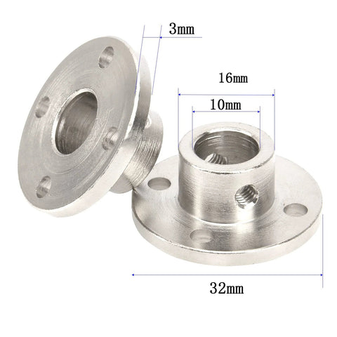 Side view of five silver metal flange shaft couplers with 10 mm bore for RC model motors