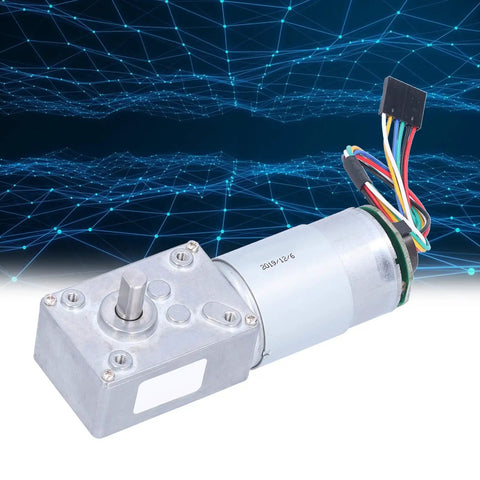 Gear Motor With Self Locking Function And Incremental Magnetic Encoder Two Or Three Channel, 40RPM, DC12V High Torque Industrial Drive For Automation And Motion Control, A Real Workhorse For Home Appliances, Power Tools, Automotive Shops. Silver metal DC gear motor with wired encoder