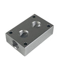 Aluminum Push To Connect Air Manifold Splitter Block With Four Three Eighths Inch Female NPT Ports For Air Line Distribution And Easy Setup Includes Four Mounting Holes, top view showing two ports