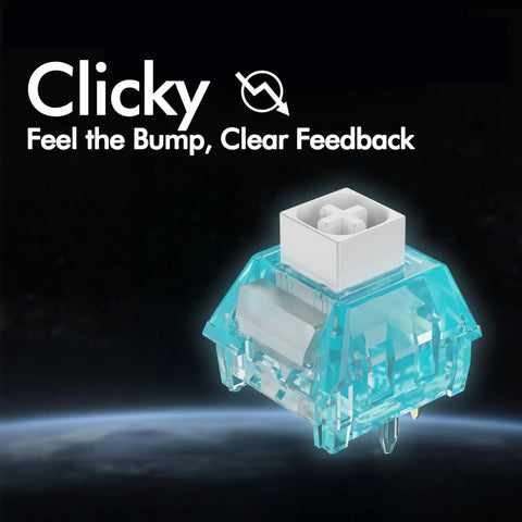 Clicky mechanical switch for Built Damn Tough Full Aluminum Wireless Mechanical Keyboard With Hot Swappable Switches and Smart Tri Mode Pairing.