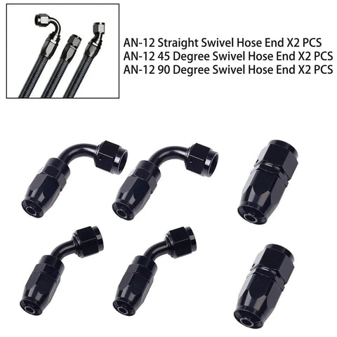 12AN 10Ft Universal Braided Stainless Steel Fuel Line Kit With Nylon CPE Hose And 6 Rotary Swivel Ends, assorted connectors