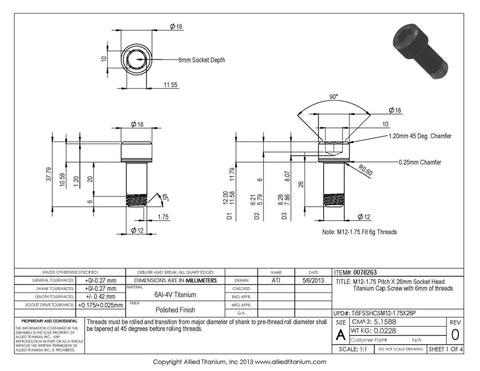 Badass Pack Of Five M12 1.75 Pitch X 26mm Grade 5 Titanium Socket Head Cap Screws Built Tough Salt Water Corrosion Resistant Heavy Duty Hardware For Marine Restos technical drawing with dimensions