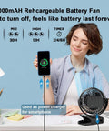 Woman charging phone with Portable Clip On Fan With Remote And Timer And LED Lights, 12000mAh USB Rechargeable Battery Delivers Up To 60 Hours Of Breeze on desk