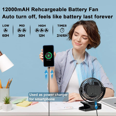 Woman charging phone with Portable Clip On Fan With Remote And Timer And LED Lights, 12000mAh USB Rechargeable Battery Delivers Up To 60 Hours Of Breeze on desk