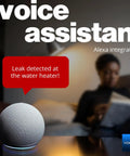 Smart Water Leak Detector 4 With 105dB Alarm, Alexa notification of leak detection near water heater, woman reading in background.