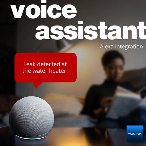 Smart Water Leak Detector 4 With 105dB Alarm, Alexa notification of leak detection near water heater, woman reading in background.