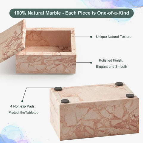 Natural Marble Storage Box With Lid Pink Rectangular Stone Organizer For Jewelry Makeup Cotton Swabs And Keepsakes Luxury Home Decor 5.9 x 3.9 x 3.1 Inch, showing open lid, natural texture, and non-slip pads