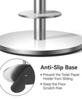 Close-up of the anti-slip base of a stainless steel freestanding toilet paper holder stand with shelf for spare rolls.