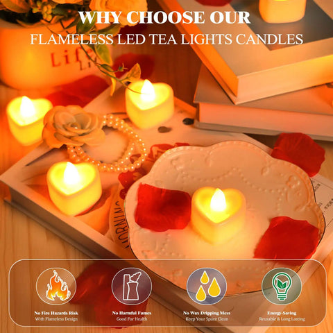 Romantic Decor Bundle With 3000 Artificial Rose Petals And 48 Heart Flameless LED Tea Lights Battery Operated Candles
