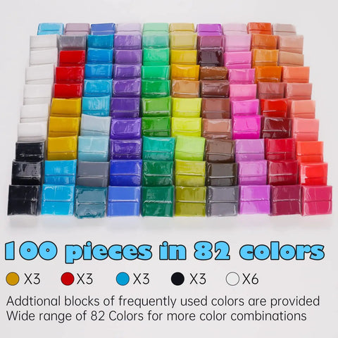 Polymer Clay Starter Kit With 82 Colors, 100 Pc Value Pack in individually wrapped blocks, arranged in rainbow order.