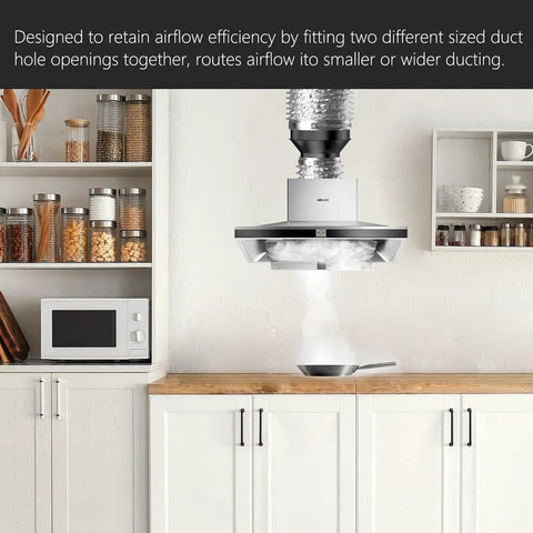 Kitchen setup with 5 Inch To 4 Inch Duct Reducer Galvanized Steel Increaser For Inline Fans above stove venting steam