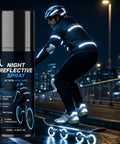 Night Reflective Spray 100ml Safety Fluorescent Paint Invisible Daytime bottle with skateboarder wearing reflective gear at night.