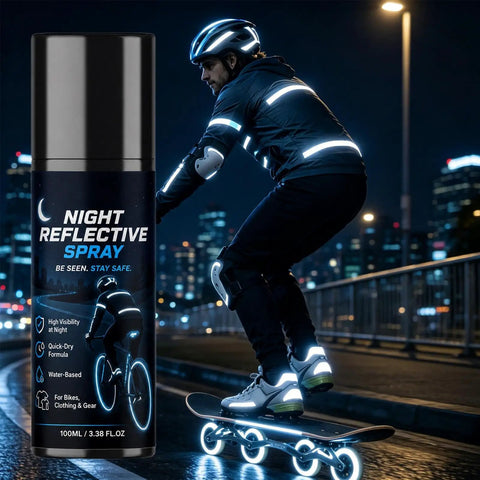 Night Reflective Spray 100ml Safety Fluorescent Paint Invisible Daytime bottle with skateboarder wearing reflective gear at night.