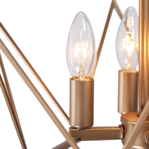 Close-up of Dope Gold Lantern Chandelier Pendant Light Fixture For Dining Room And Kitchen Island With Protective Cage 4 Light Modern Ceiling Lamp Foyer And Entryway Decor Diameter 15.5 Inches showing two of the four exposed bulbs with a gold frame.