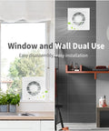 Go To Ultra Thin 4 Inch Exhaust Fan With Check Valve for window or wall, displayed in kitchen and bathroom settings.