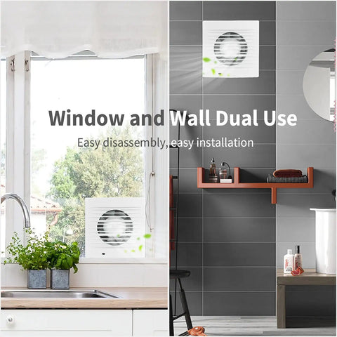 Go To Ultra Thin 4 Inch Exhaust Fan With Check Valve for window or wall, displayed in kitchen and bathroom settings.