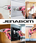 Straight Up Handy Compact Cordless Screwdriver With Forward Reverse Control For Quick Home Repairs And Furniture Setup Nifty Small Pink Power Tool With Ergo Grip Handle in use for various tasks.