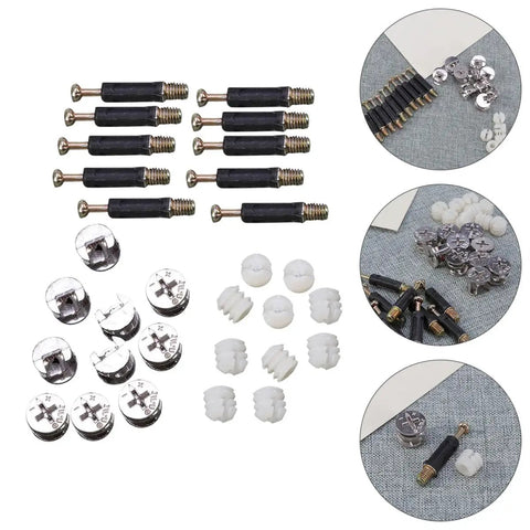 Cam Lock Fasteners Connector Set Including 32 Plastic Dowels, 24 Cam Bolts, And 24 Nuts for Cabinet and Wardrobe Assembly