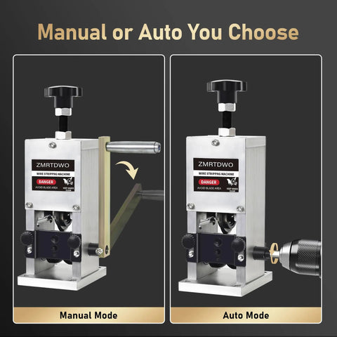 Adjustable Wire Stripper Machine For 0.06 To 1 Inch Wires Hand Crank Or Drill Powered tool showing manual and auto modes