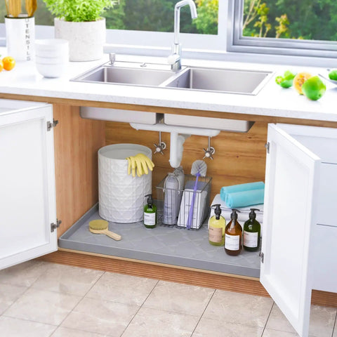 Under Sink Mat Waterproof 34 By 22 Inches Thick Silicone Kitchen Cabinet Liner And Drawer Protector Spill Proof Sink Organizer Tray in cabinet