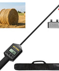 Moisture Meter With 20 Inch Probe For Hay Bales, Round And Square Bale Moisture And Temperature Checker With Fast Backlit Readings, Calibration Clip Included, Black Handle, shown with hay bale