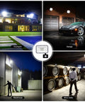 Heavy Duty Motion Sensor Outdoor Lights 30W LED Flood Lamp 2400 Lumens illuminating garage, courtyard, warehouse, and wine cellar.
