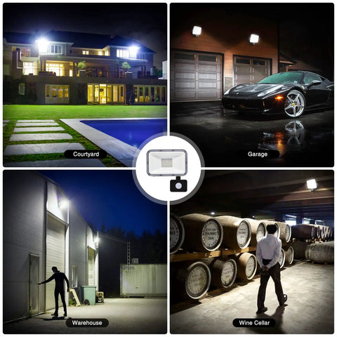 Heavy Duty Motion Sensor Outdoor Lights 30W LED Flood Lamp 2400 Lumens illuminating garage, courtyard, warehouse, and wine cellar.