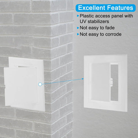 Solid Core 4x4 Inch Removable Hinged Access Panel, 2 Pack ABS Plastic Drywall Hole Cover installed in wall.