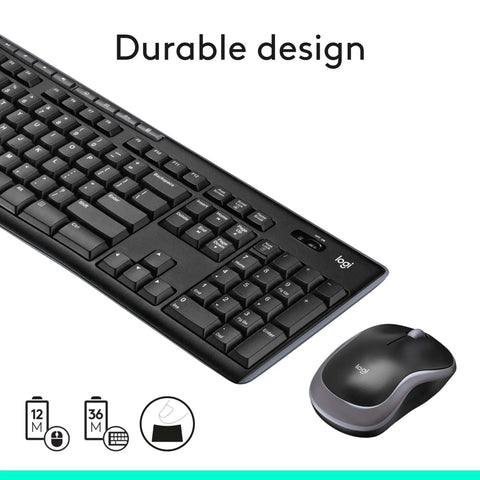 MK270 Wireless Keyboard And Mouse Combo For Windows Two Point Four GHz USB Receiver shown in durable black design