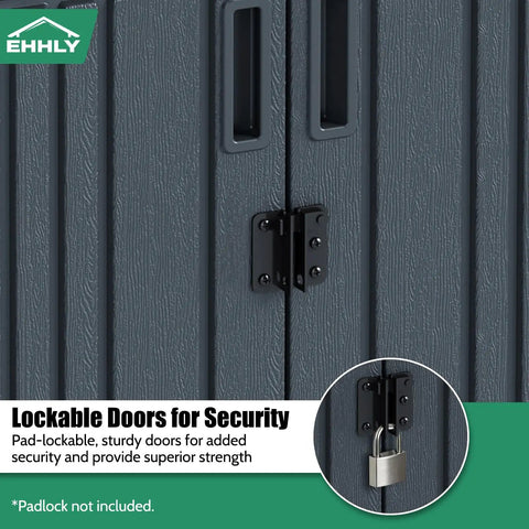 Close-up of the lockable double doors on the Heavy Duty Tall Outdoor Storage Cabinet 28 Cu Ft Garage Organizer