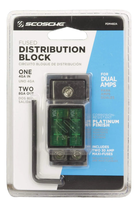 Maxi Fuse Distribution Block With 4 Gauge Input And Dual 8 Gauge Outputs Includes Two 30 Amp Maxi Fuses ABS Cover, Corrosion Resistant Black Block For Car Audio Off Road Marine Electrical Systems Lifetime Warranty Tech Support, packaged front view