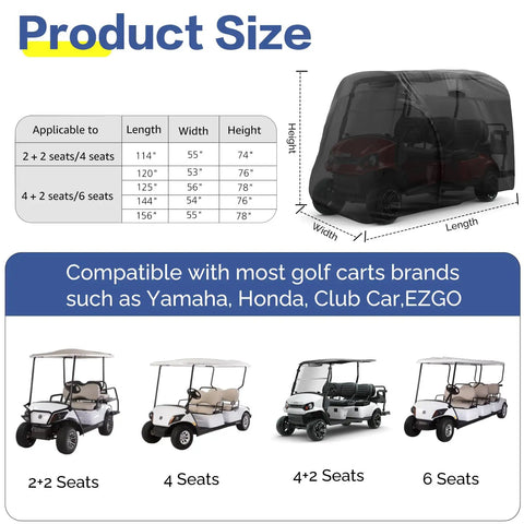 Heavy Duty Waterproof Golf Cart Cover For 4 To 6 Passenger Universal Fit Yamaha Honda Club Car Ezgo All Weather Protection Outdoor Storage Dustproof UV Resistant Shield size guide