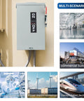 Heavy Duty 3 Pole Safety Switch 60 Amp 240 Volt Ac Disconnect Box With Fusible Breaker Quick Throw Handle mounted on wall.