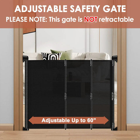 Adjustable Mesh Baby Gate 0 To 60 Inches Wide With Safety Lock Roll Up To Save Space Portable Folding Mesh Dog Gate For Stairs Indoor Outdoor Use Black shown in doorframe.