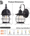 2 Pack Outdoor Wall Sconce Lanterns With E26 Base Socket Waterproof Black Exterior Lights Clear Glass Shade dimensions