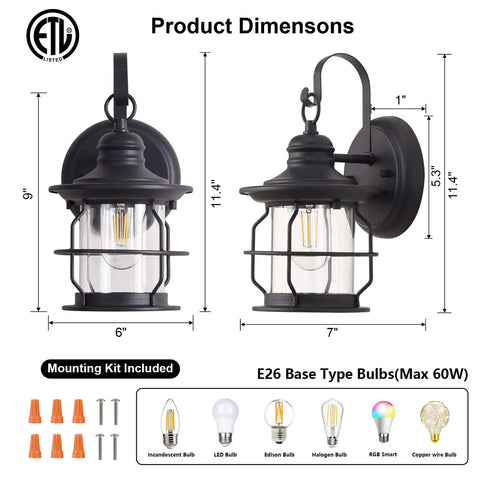 2 Pack Outdoor Wall Sconce Lanterns With E26 Base Socket Waterproof Black Exterior Lights Clear Glass Shade dimensions