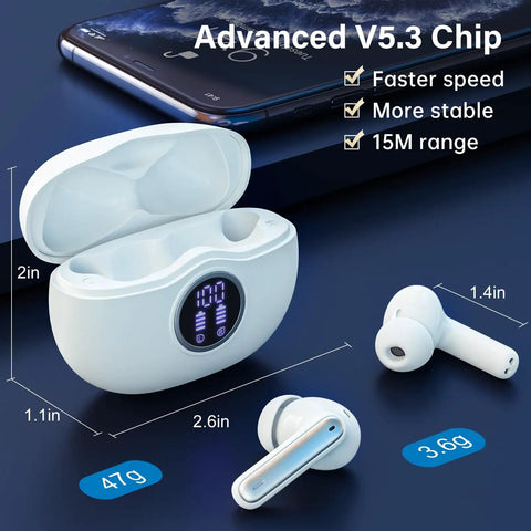 Rock Solid Wireless Earbuds With Bluetooth 5.3 And HiFi Stereo Sound Featuring 50H Playtime And Led Digital Display open case showing earbuds and charge level