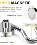 Close-up of a magnetic hook showing neodymium magnet, thread connection, made of high-quality A3 steel; labeled super magnetic.