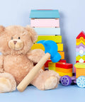 Wooden Hammer Toy Set For Kids Educational Hands On Pretend Play Tools Durable Safe Wood Kid Friendly Blue Color Great For Learning Building Party Games And DIY Fun, blue hammer with teddy bear and blocks