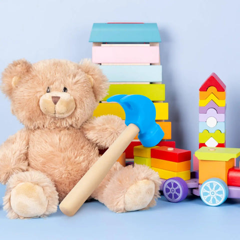Wooden Hammer Toy Set For Kids Educational Hands On Pretend Play Tools Durable Safe Wood Kid Friendly Blue Color Great For Learning Building Party Games And DIY Fun, blue hammer with teddy bear and blocks
