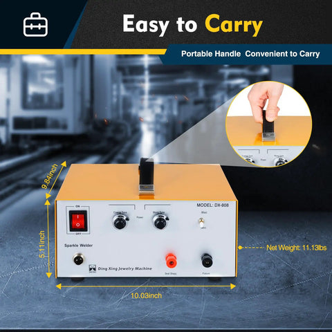 80A Portable Jewelry Spot Welder Kit With Pedal Switch Electric Pulse Welder showing compact size and handle for easy carrying