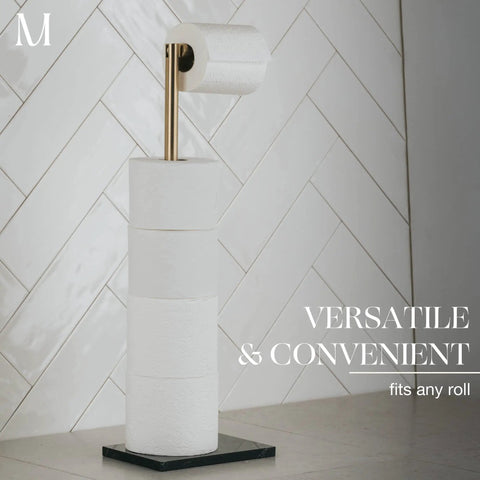 Free Standing Gold Toilet Paper Holder Stand With Black Marble Base And Storage No Drill Hassle Free Setup Fits 4 Jumbo Rolls