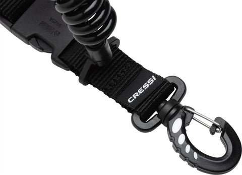 Close-up of Coiled Lanyard For Securing Dive Gear To BCD With Quick Release Buckle Split Ring And Snap For Accessory Tether During Dives