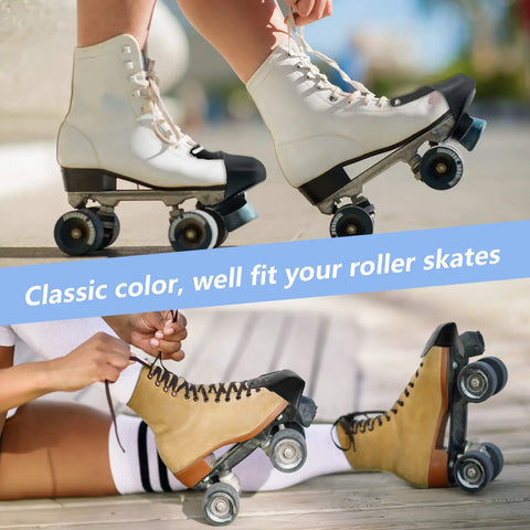 Two Pack Black Artificial Leather Toe Guards on quad skates, showcasing dope toe protectors and scuff shield for guarding toes